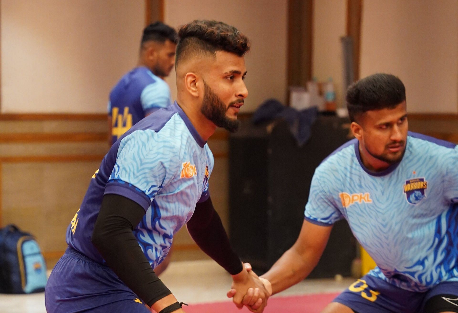 Shubham Shinde (left) in action at the Bengal Warriors camp. 