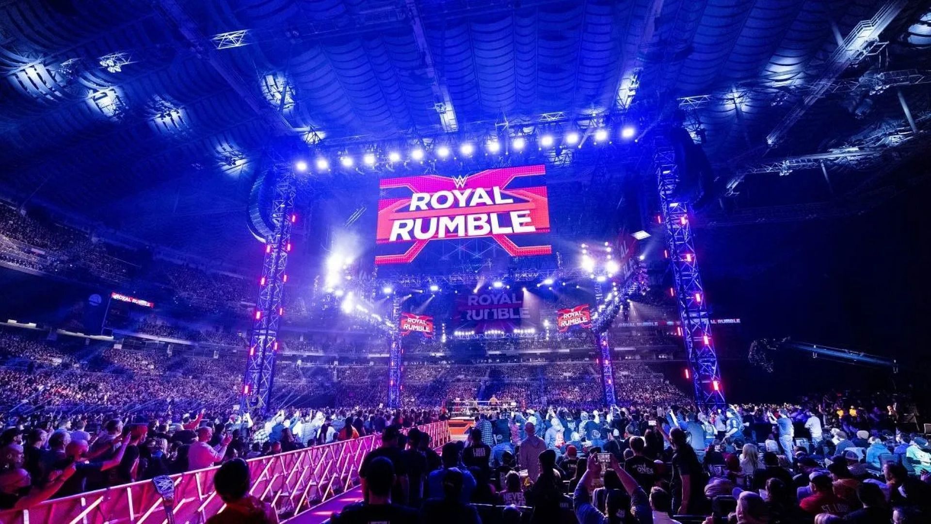 The WWE Royal Rumble logo and ring on display inside arena