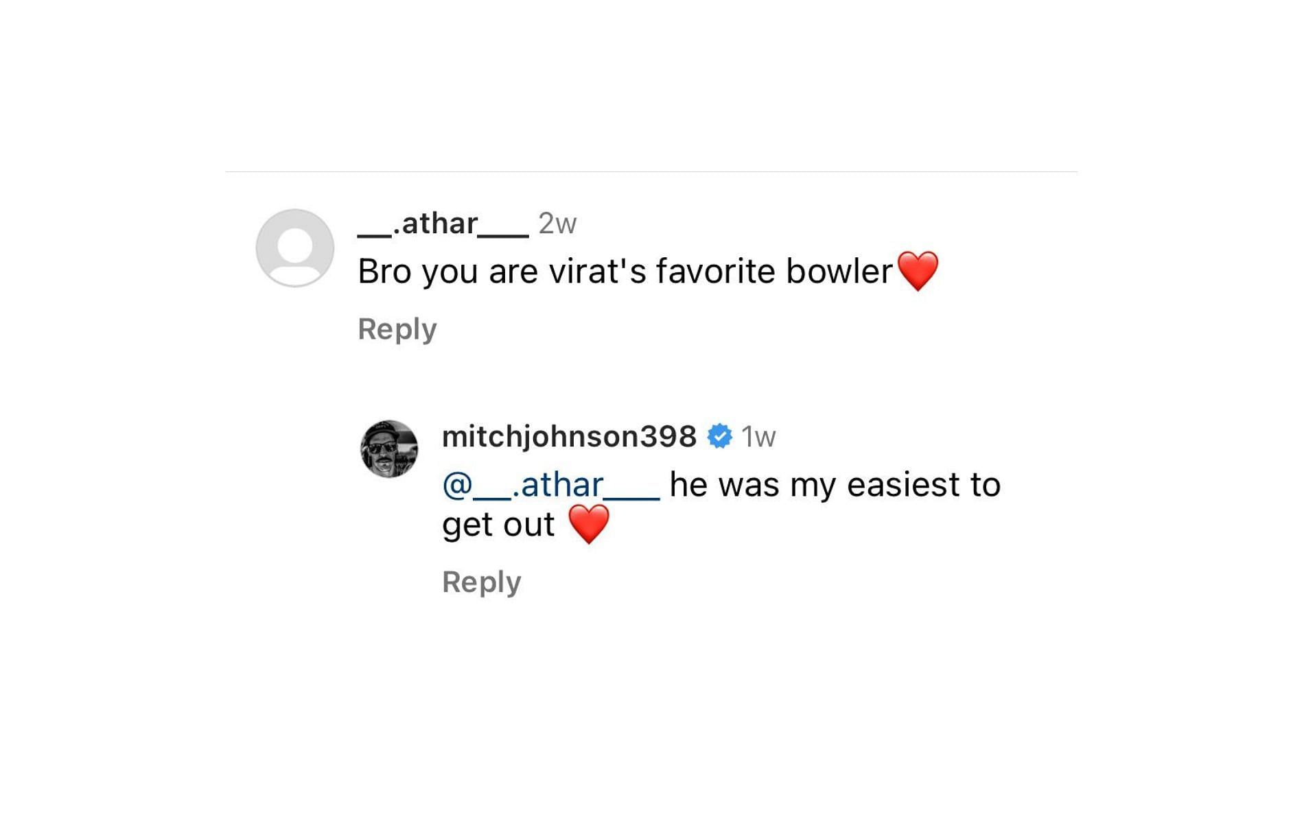 Mitchell Johnson's response after being called Virat Kohli's favourite bowler.