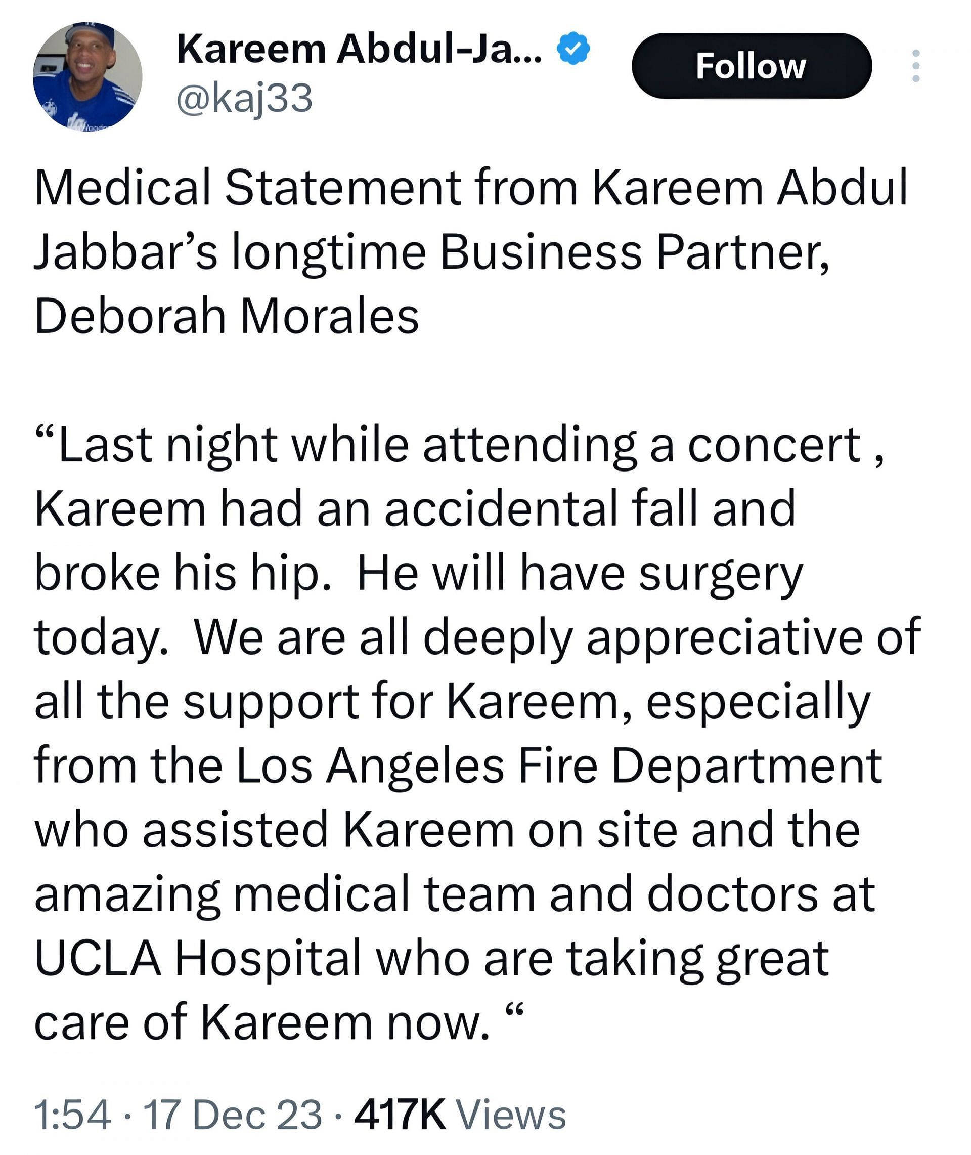 Medical Statement from Kareem Abdul Jabbar&rsquo;s longtime business partner, Deborah Morales