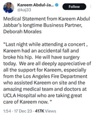 Medical Statement from Kareem Abdul Jabbar’s longtime business partner, Deborah Morales