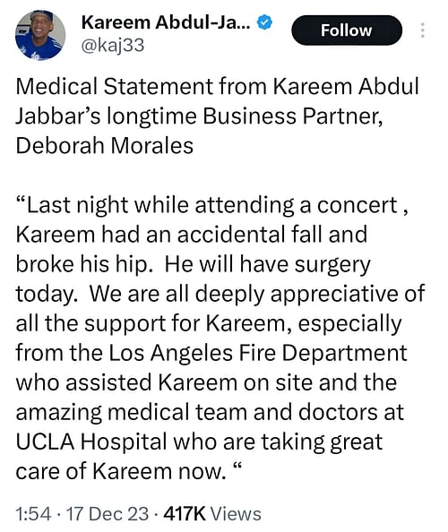 Medical Statement from Kareem Abdul Jabbar’s longtime business partner, Deborah Morales