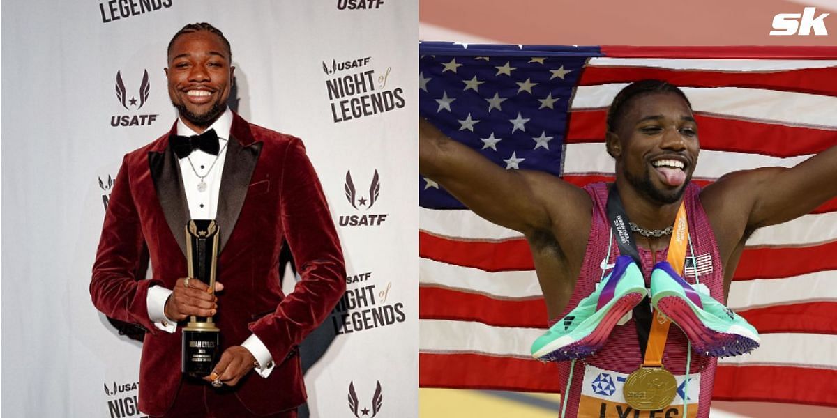 Noah Lyles dazzles in a red suit at the Night of Legends in Orlando, Florida.