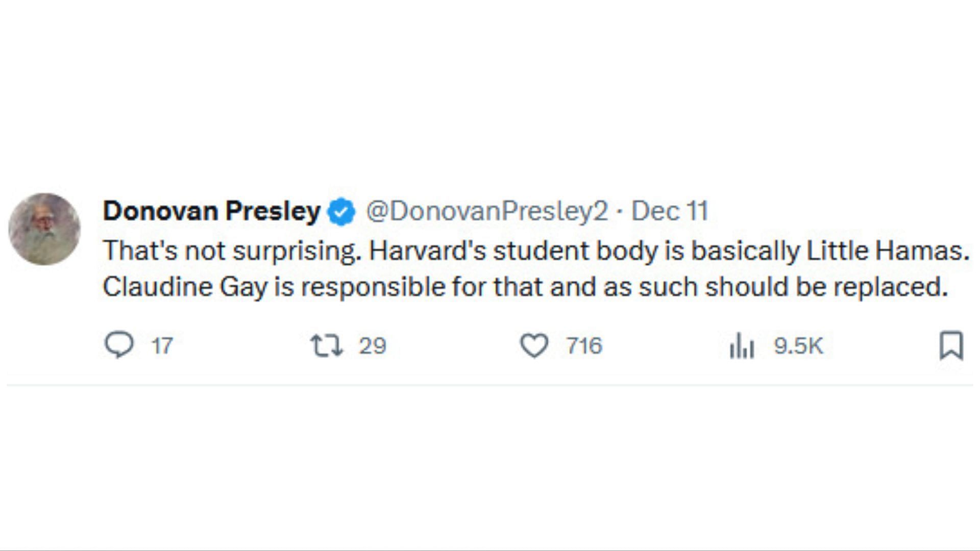 Social media users react as hundreds of Harvard faculties signed petition against Gay&#039;s removal (Image via X / @DonovanPresley2)