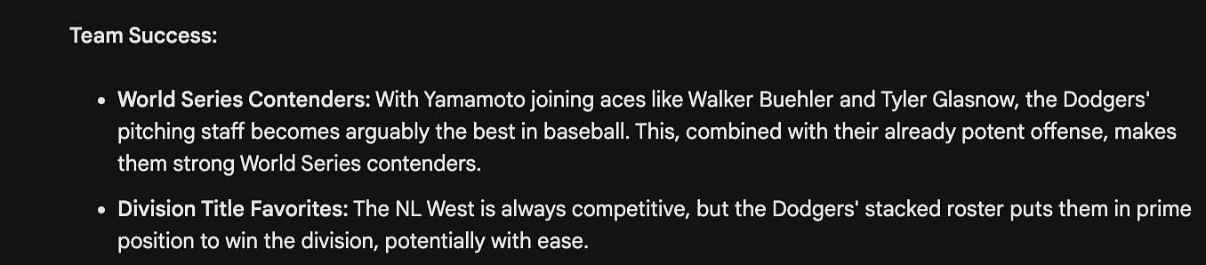 Bard's prediction on Yamamoto's achievement with the Dodgers as a team (Credits: Google Bard)