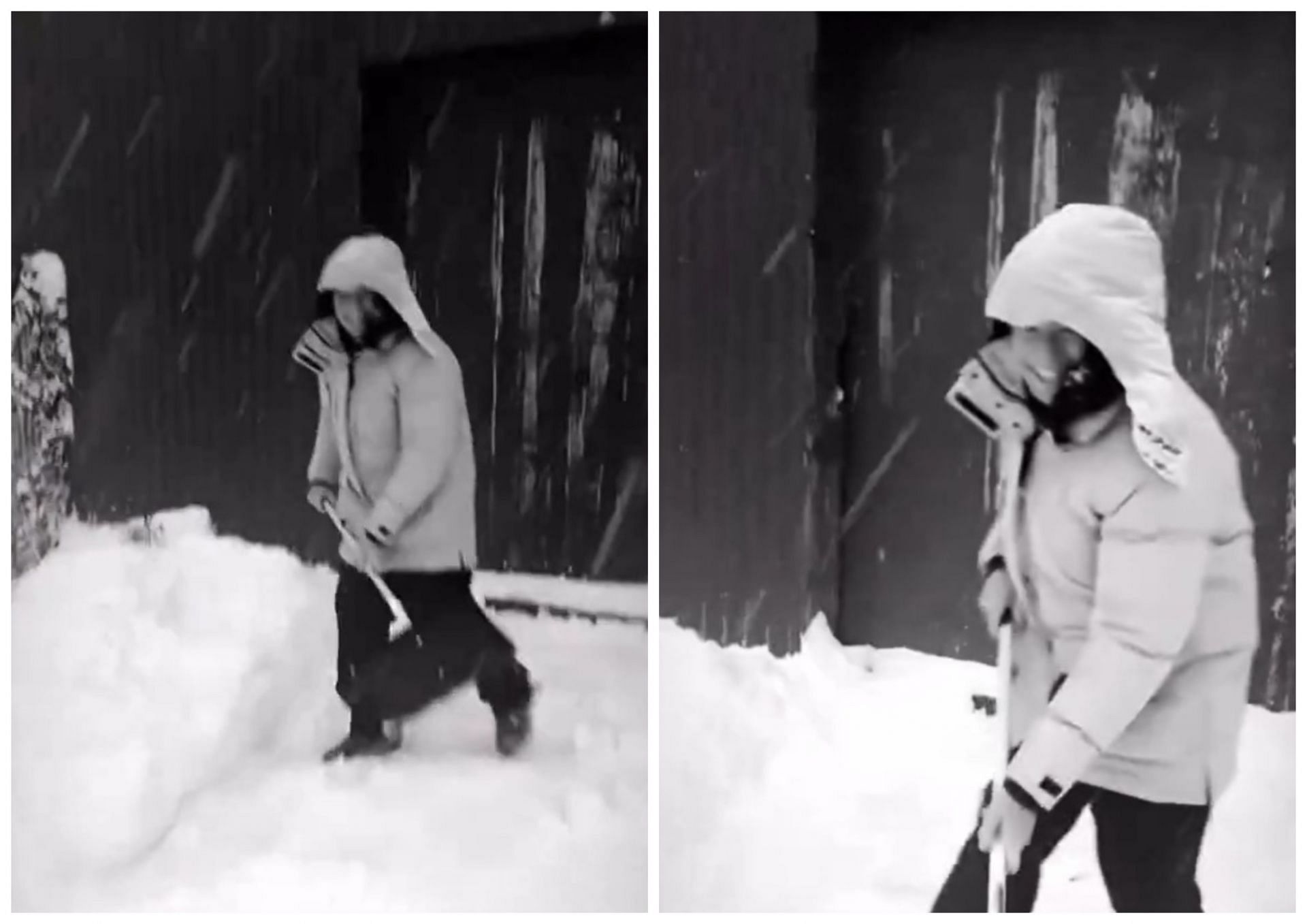 Viktor Hovland trying to clean snow at his home on Christmas Eve (image via Instagram.com/mats_hovland)