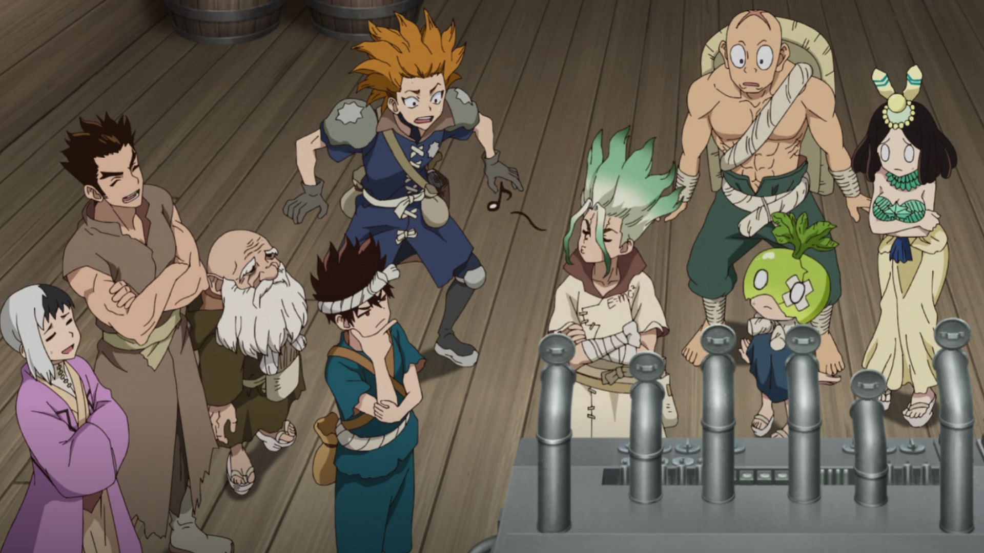 Everyone gathered around the communication device as seen in Dr. Stone episode 20 (Image via TMS Entertainment)