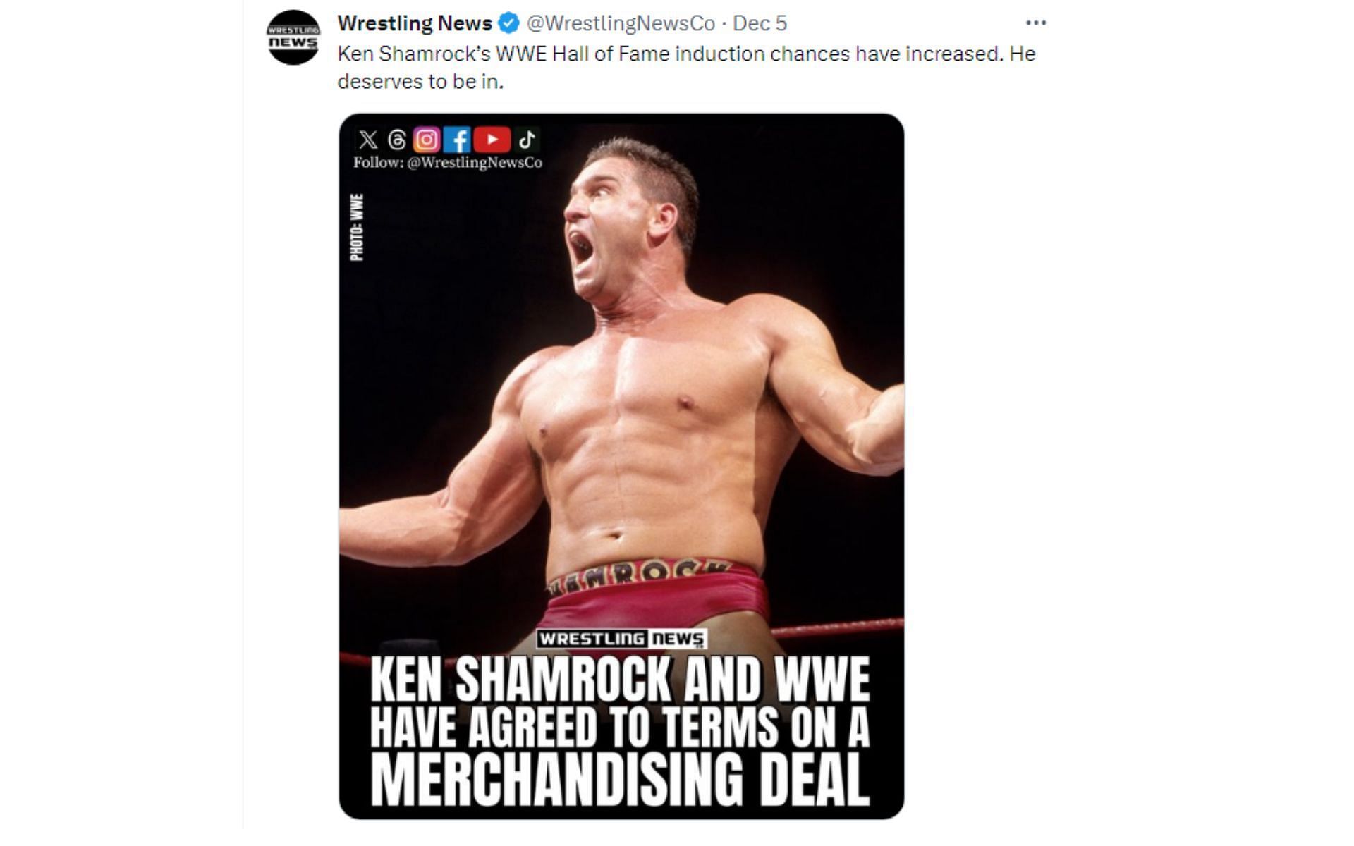 Tweet regarding Ken Shamrock reportedly agreeing to a deal with WWE