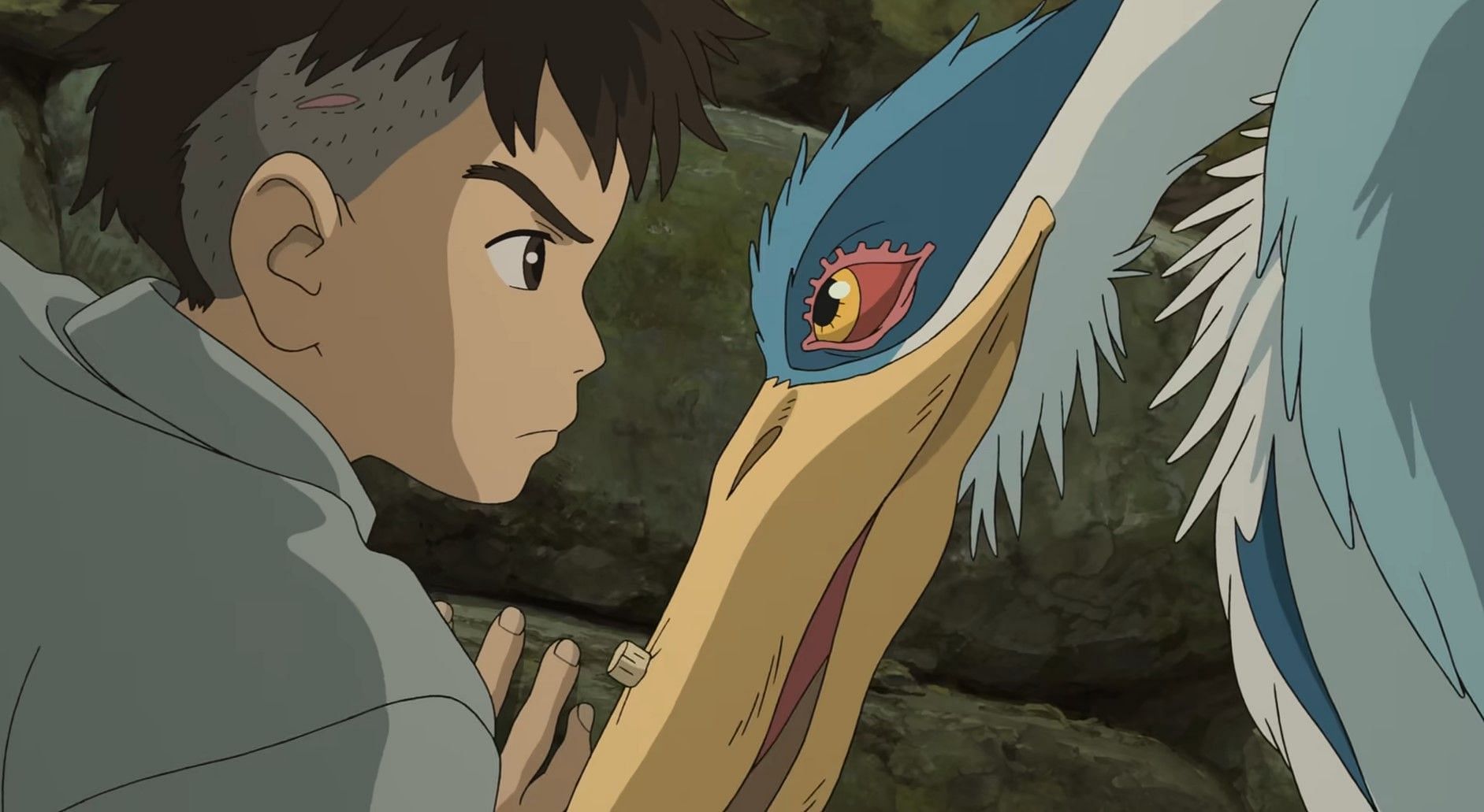 A still from the movie showcasing Mahito and the talking heron (Image via Studio Ghibli)