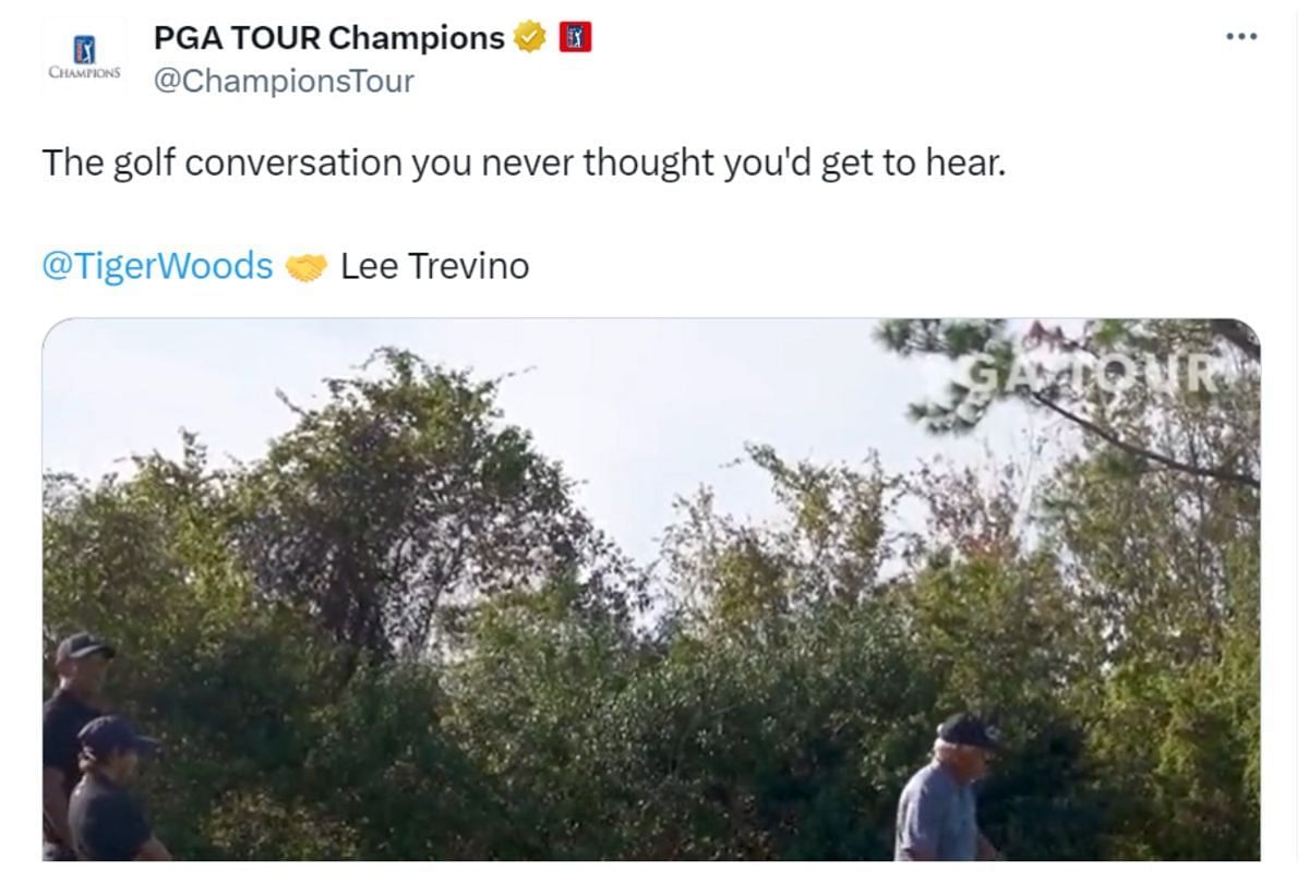 Lee Trevino teaching golf shot to Charlie Woods in 2021 (Image via X/ @ChampionsTour)