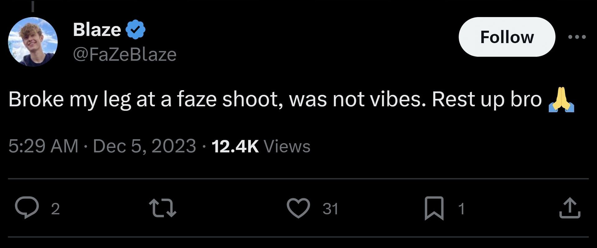 FaZe Blaze&#039;s comment, in which he revealed he broke his leg during the FaZe Clan shooting (Image via @Kaimafiaupdates/X)
