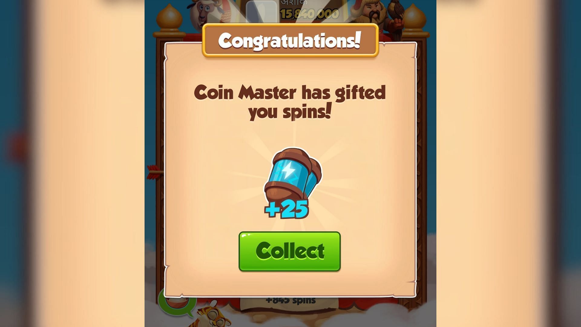 Tap the green Collect button to claim freebies in Coin Master (Image via Moon Active)