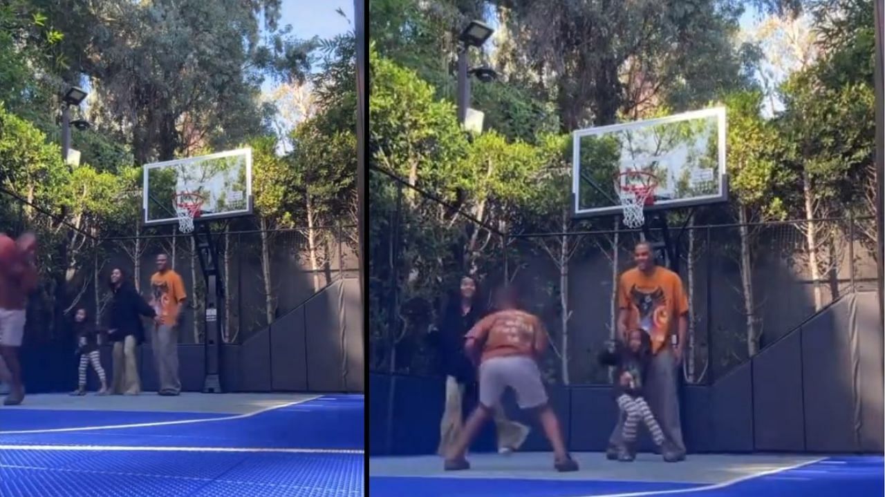 Russell Westbrook playing basketball with his family.