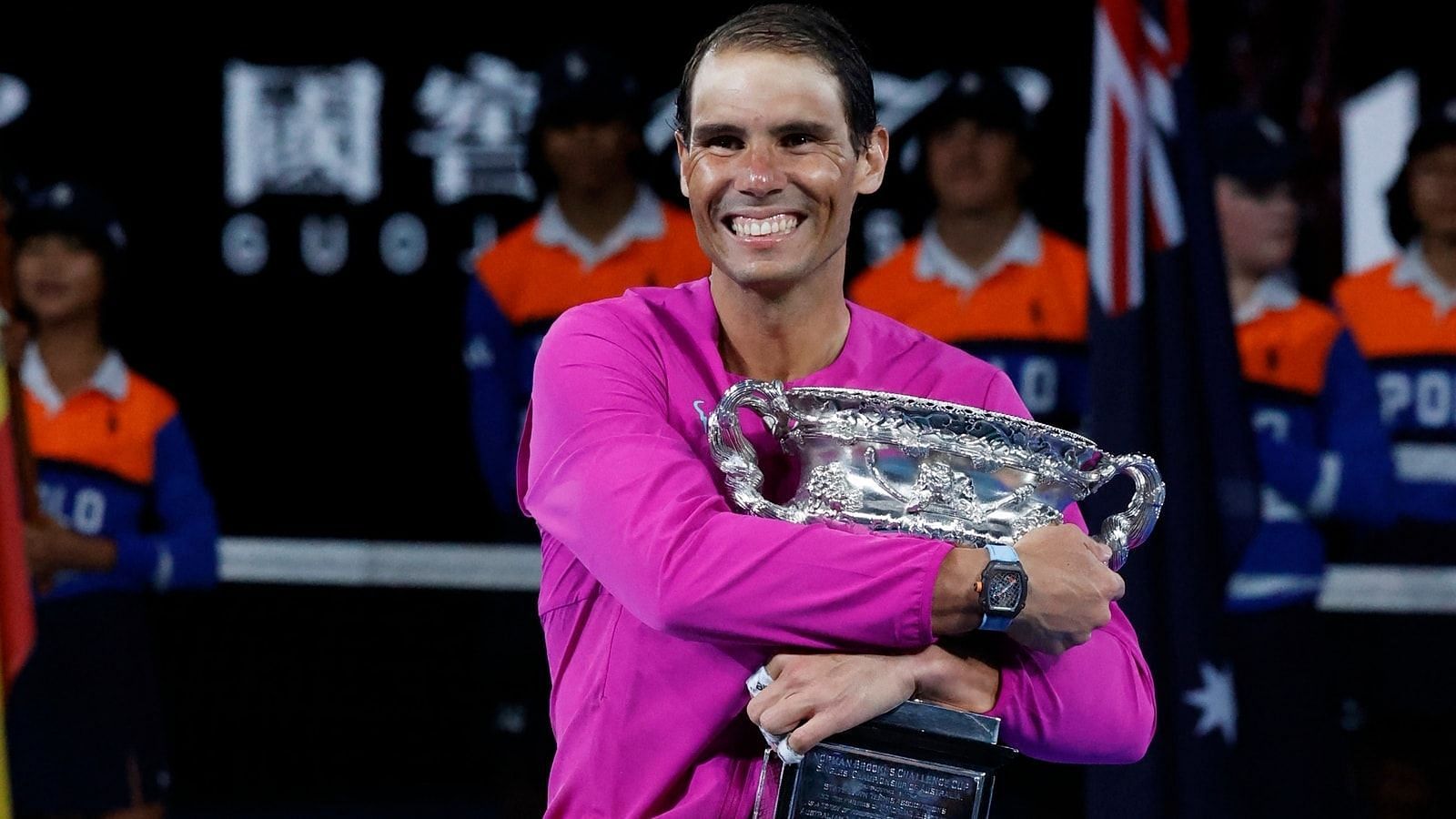 Rafael Nadal poses with the 2022 Australian Open trophy