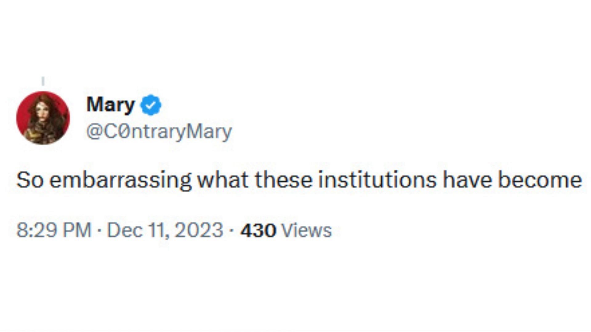 Social media users react as hundreds of Harvard faculties signed petition against Gay&#039;s removal (Image via X / @C0ntraryMary)