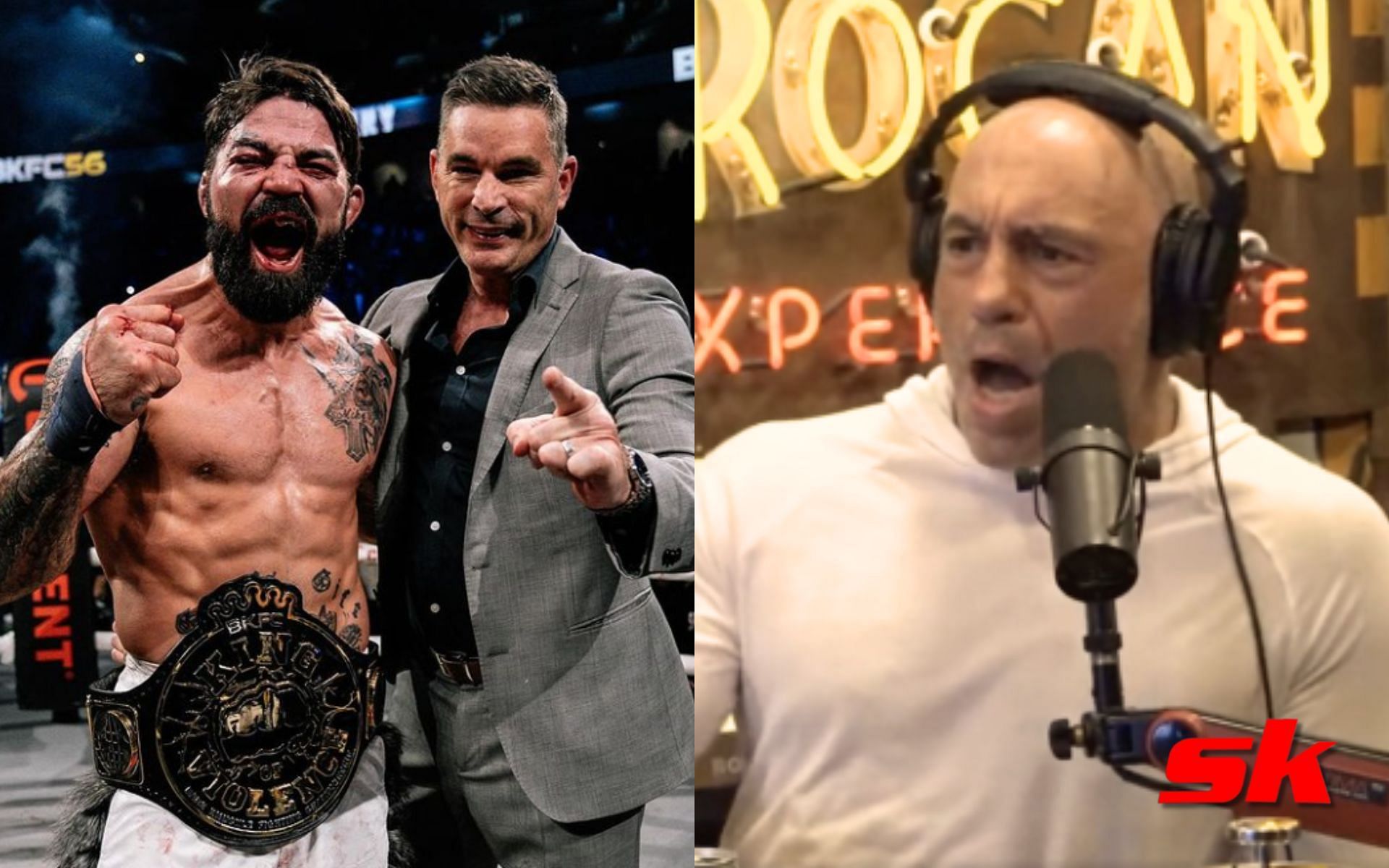 Mike Perry with BKFC president David Feldman (left), Joe Rogan (right) [Image credits: @platinummikeperry via Instagram, JREClips via YouTube]