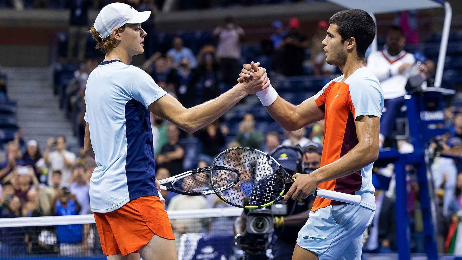 Jannik Sinner and Carlos Alcaraz greet each other after their 2022 US Open match