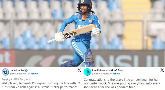 "Stellar performance" - Fans react to Jemimah Rodrigues's 82 off 77 in IND-W vs AUS-W 1st ODI