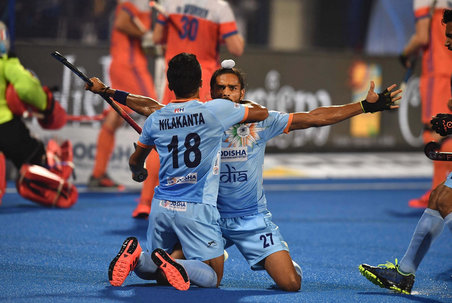 Akashdeep scores for India against the Netherlands in the 2018 WC quarter-final