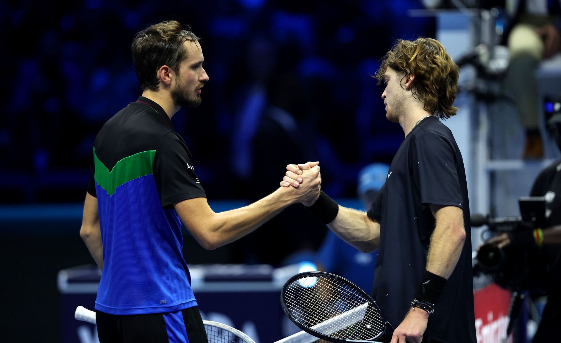 Daniil Medvedev (L) and Andrey Rublev at the 2023 ATP Finals