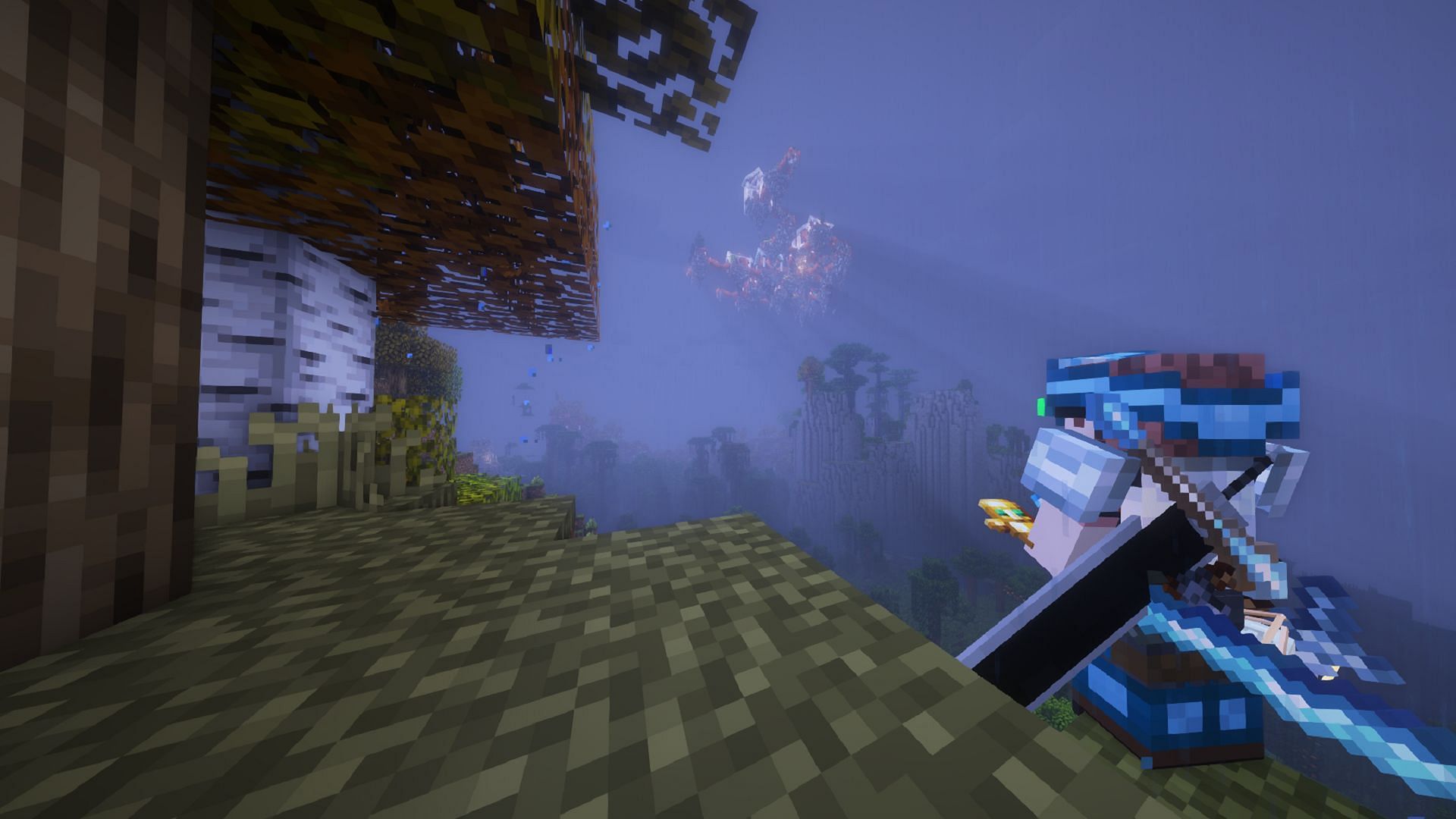 Un joueur de Minecraft regarde un Sky Village dans Fantasy MC (Image via Kyber_6/CurseForge)