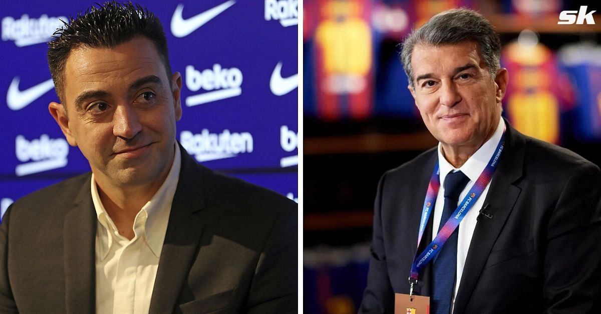 Barcelona manager Xavier Hernandez (left) and president Juan Laporta