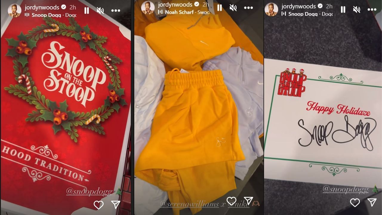 Jordyn Woods shared on Instagram her Christmas presents from Snoop Dogg and Serena Williams.