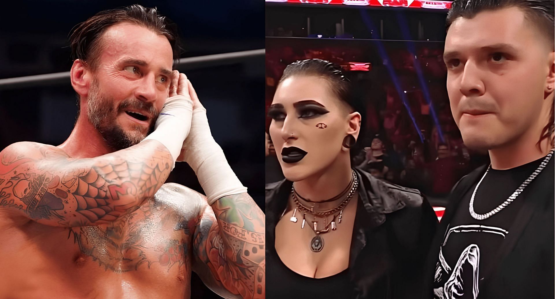 CM Punk (left) and Rhea Ripley and Dominik Mysterio (right)