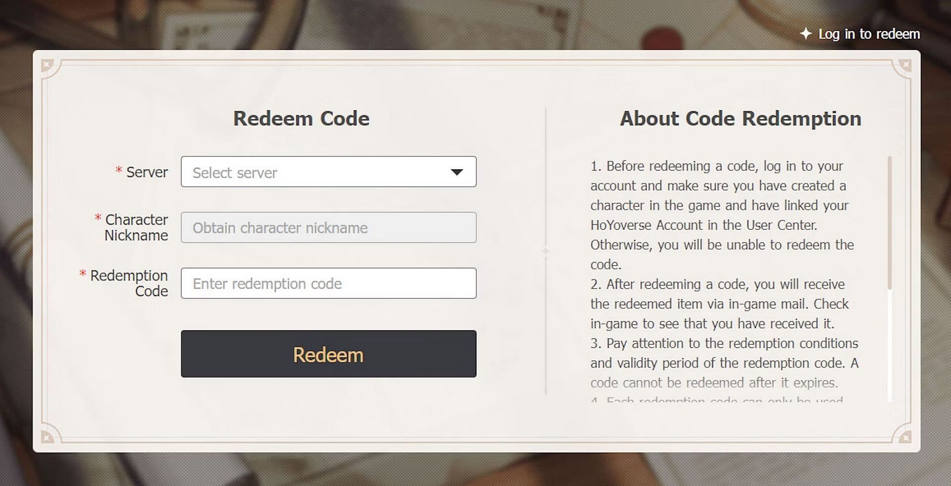 Redeeming code on the official website. (Image via HoYoverse)