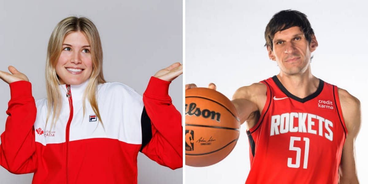 Eugenie Bouchard reacts to Boban Marjanovic holding UNO cards