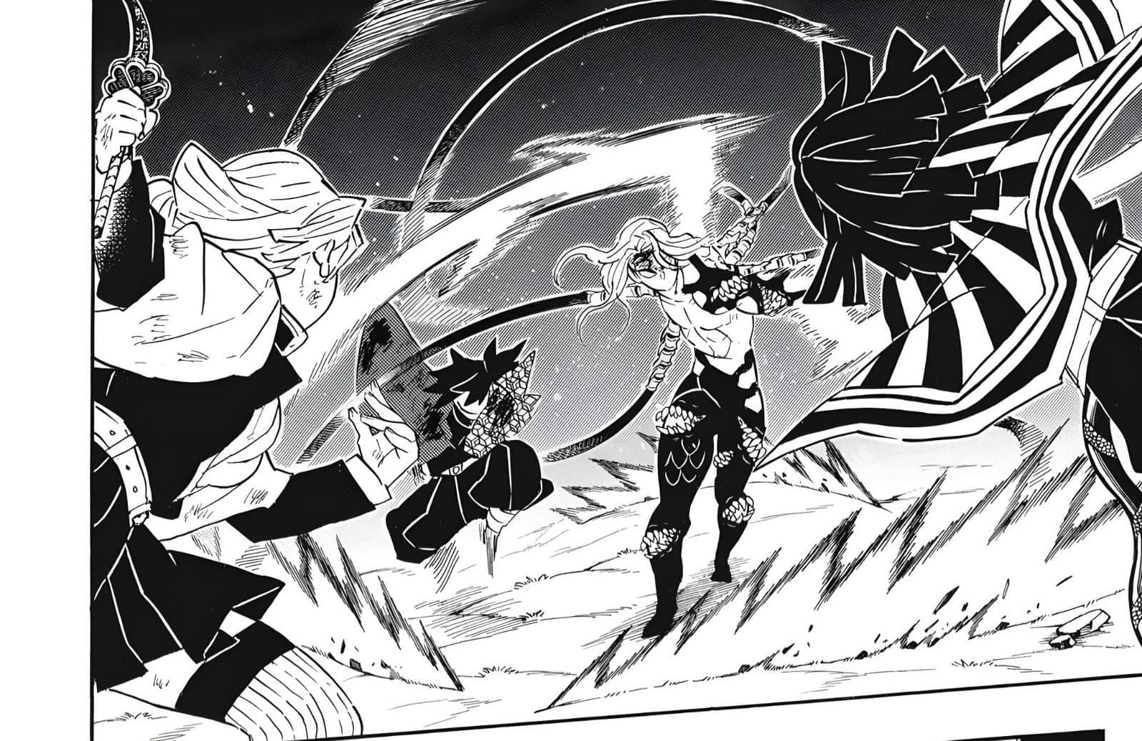 Misturi, Iguro, and Giyu teaming up against Muzan (Image via Koyoharu Gotouge/Shueisha)