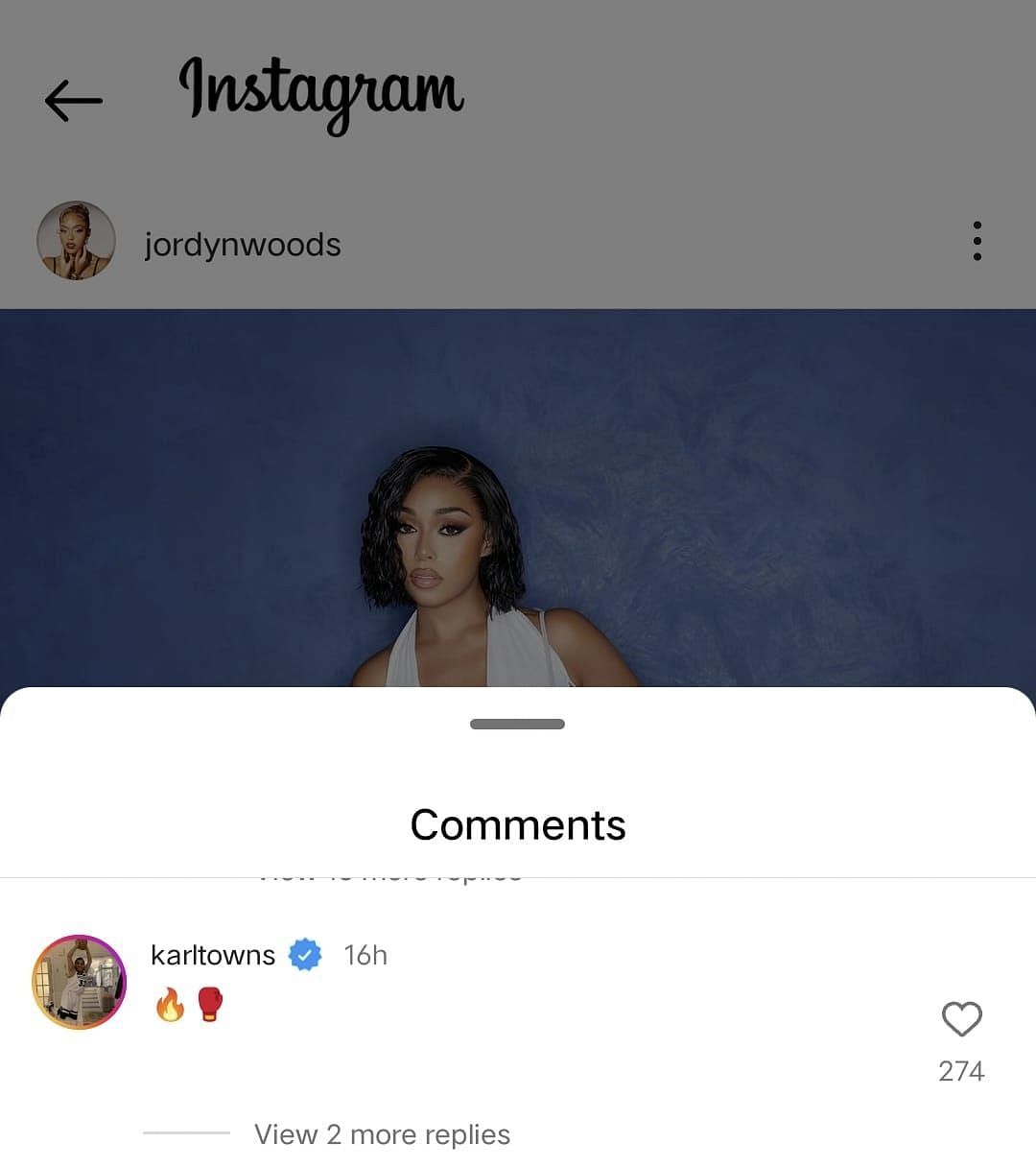 Karl-Anthony Towns&#039; comment on Jordyn&#039;s photo