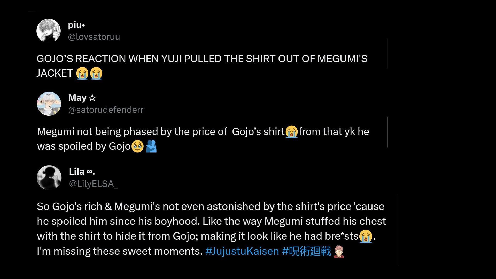 Screenshot of fans reacting to Gojo&#039;s shirt scene (Image via Sportskeeda/X)