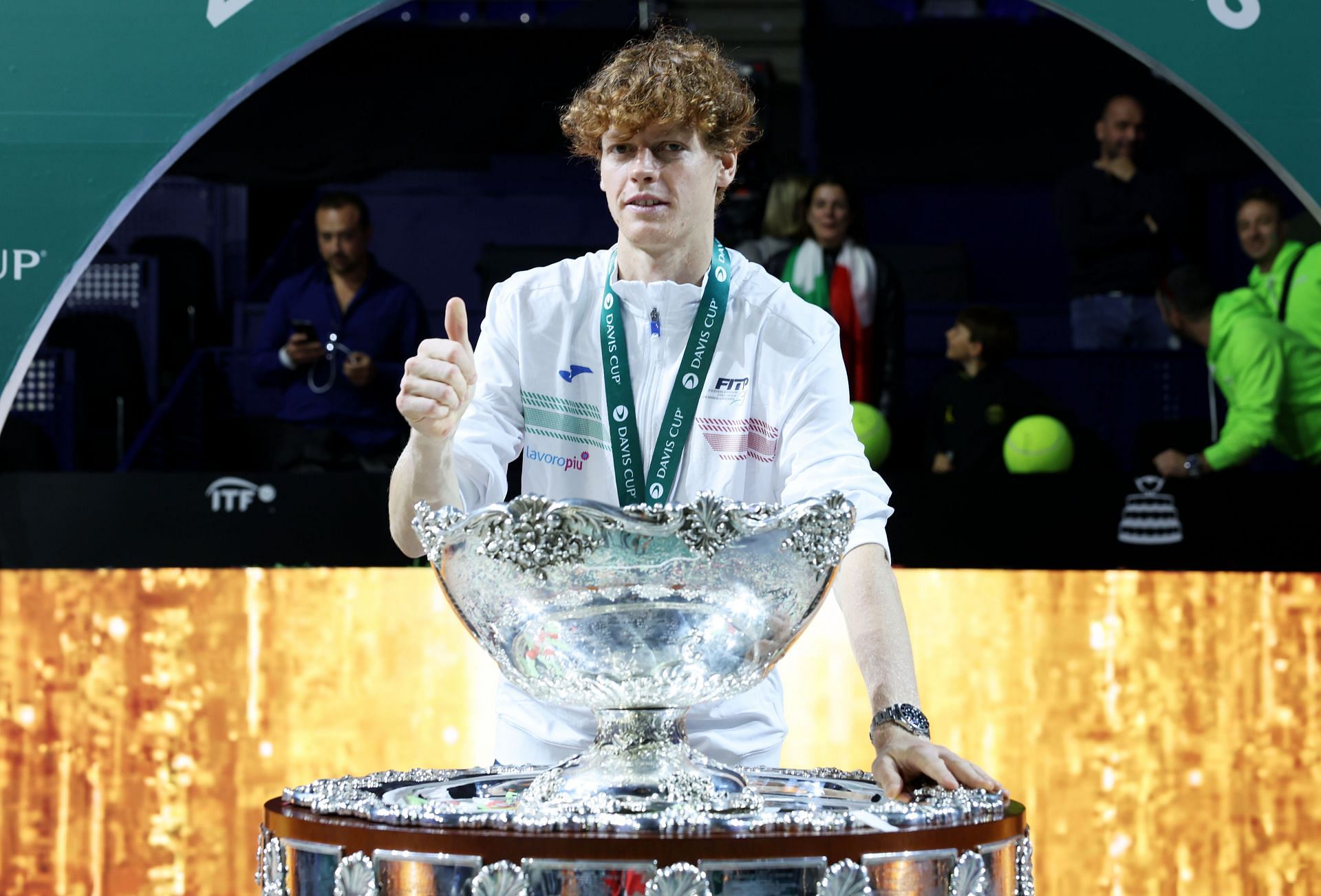 Jannik Sinner pictured after winning the 2023 Davis Cup with Italy.