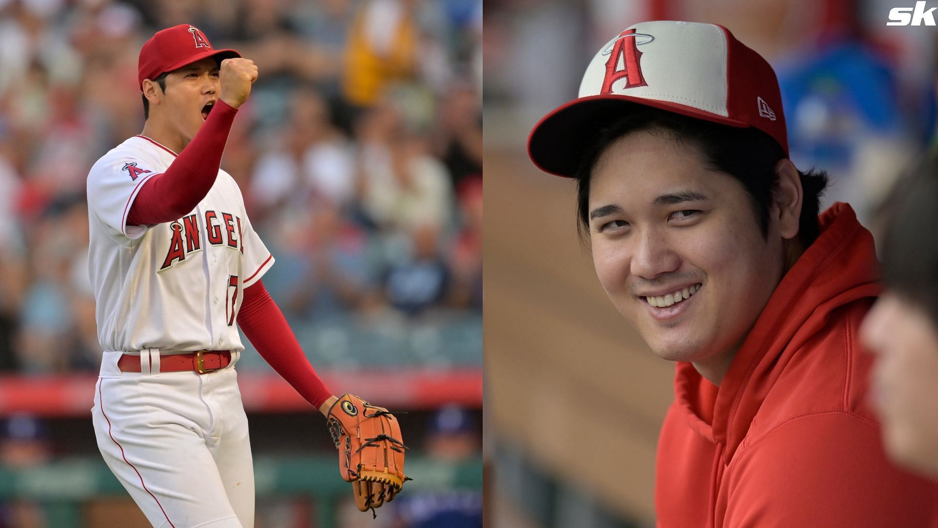 Shohei Ohtani of the Los Angeles Angels in the dugout while playing the Detroit Tigers