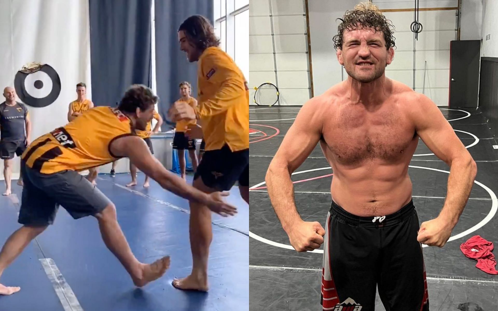 Ben Askren (right) wrestling an Aussie Rules football player (right) [Photo Courtesy @benaskren on Instagram and @bloodyelbow on X]