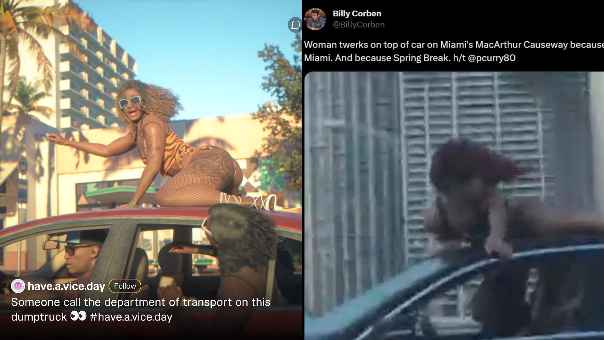 Woman twerking on car roof incident depicted in the trailer (Images via Rockstar Games, X/Billy Corben)