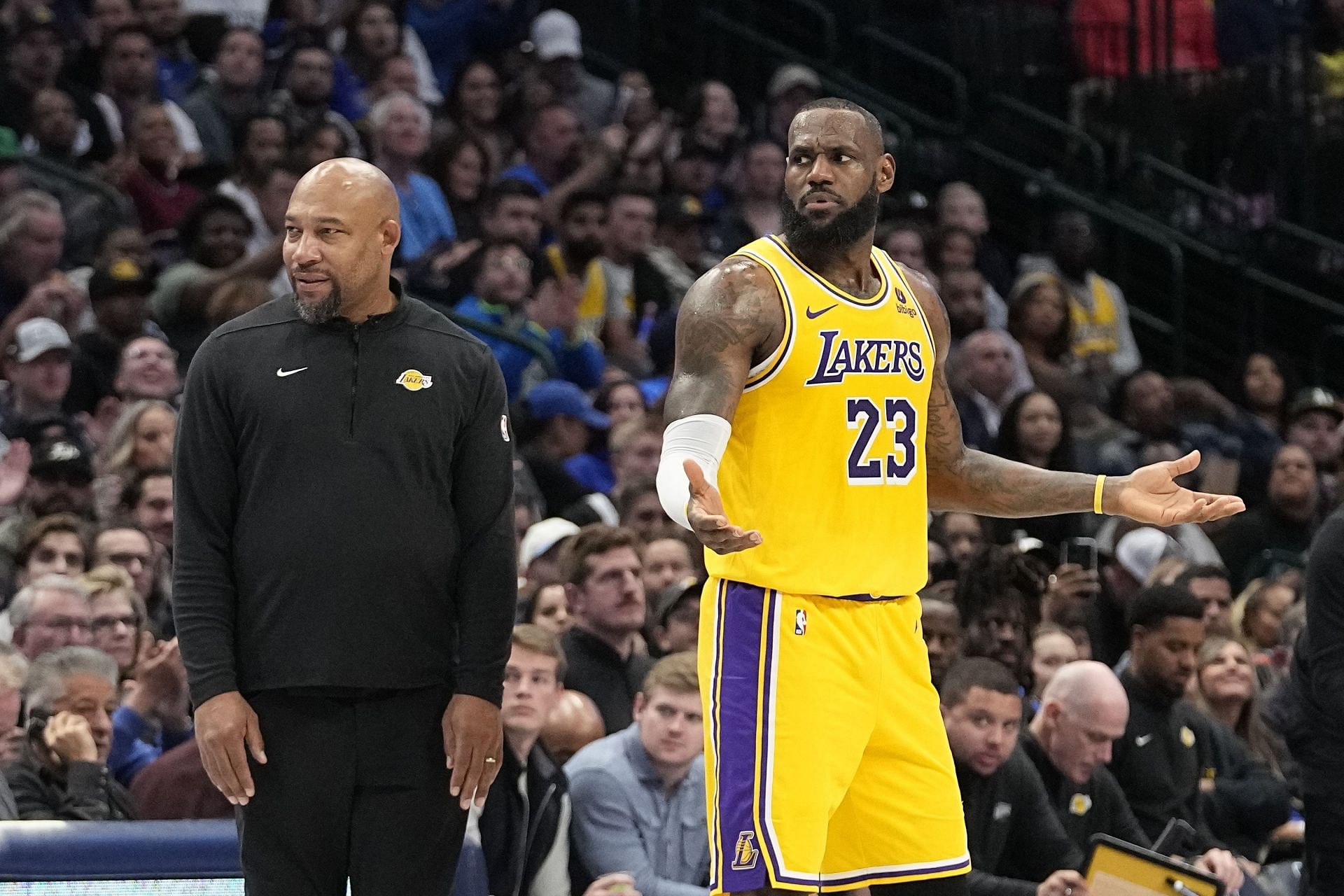 LA Lakers coach Darvin Ham and LeBron James (right)