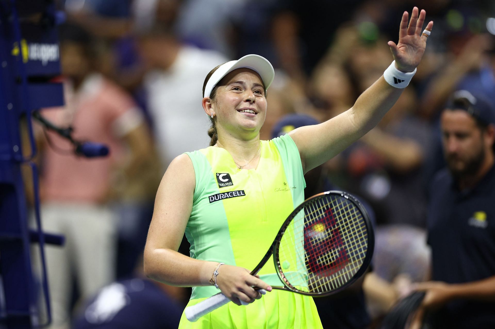 Jelena Ostapenko reacts after her win over Iga Swiatek at the US Open 2023