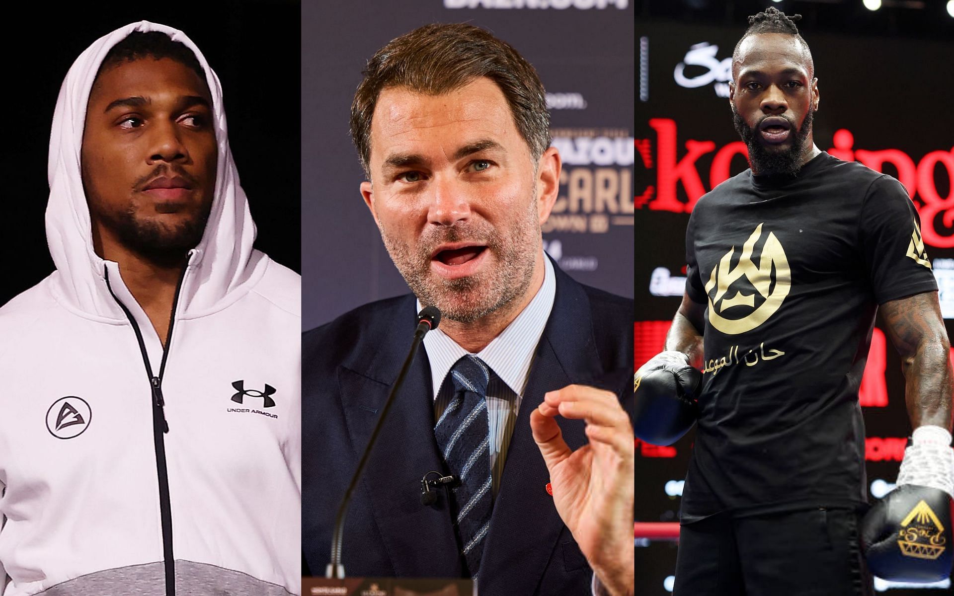 Eddie Hearn (middle) blasts Deontay Wilder (right) for question Anthony Joshua