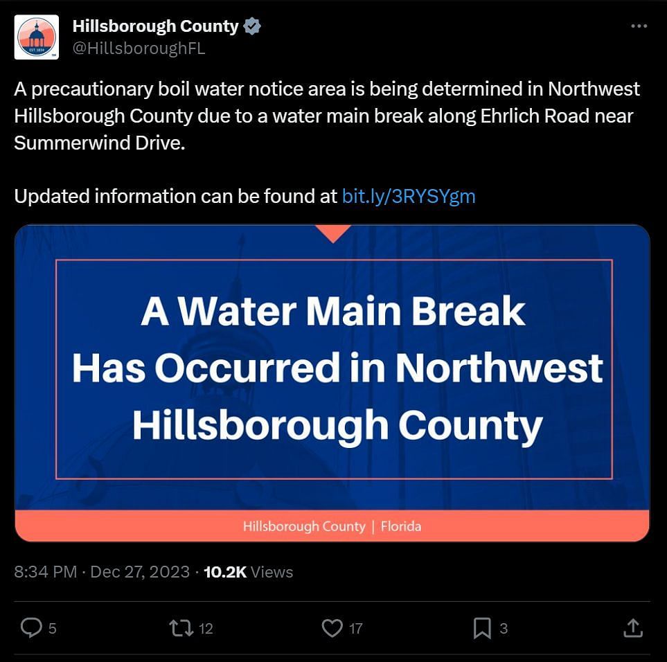 Precautionary boil water notice issued in NW Hillsborough