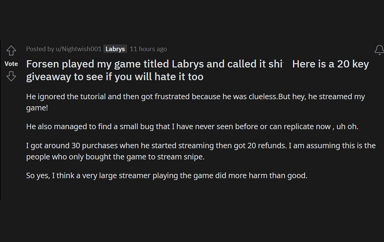 The viral post on Reddit criticizing the streamer (Image via r/pcgaming)