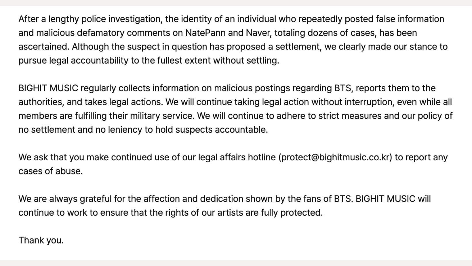 BIGHIT MUSIC initiates legal proceedings against perpetrators of malicious activities. (Image source: Weverse)