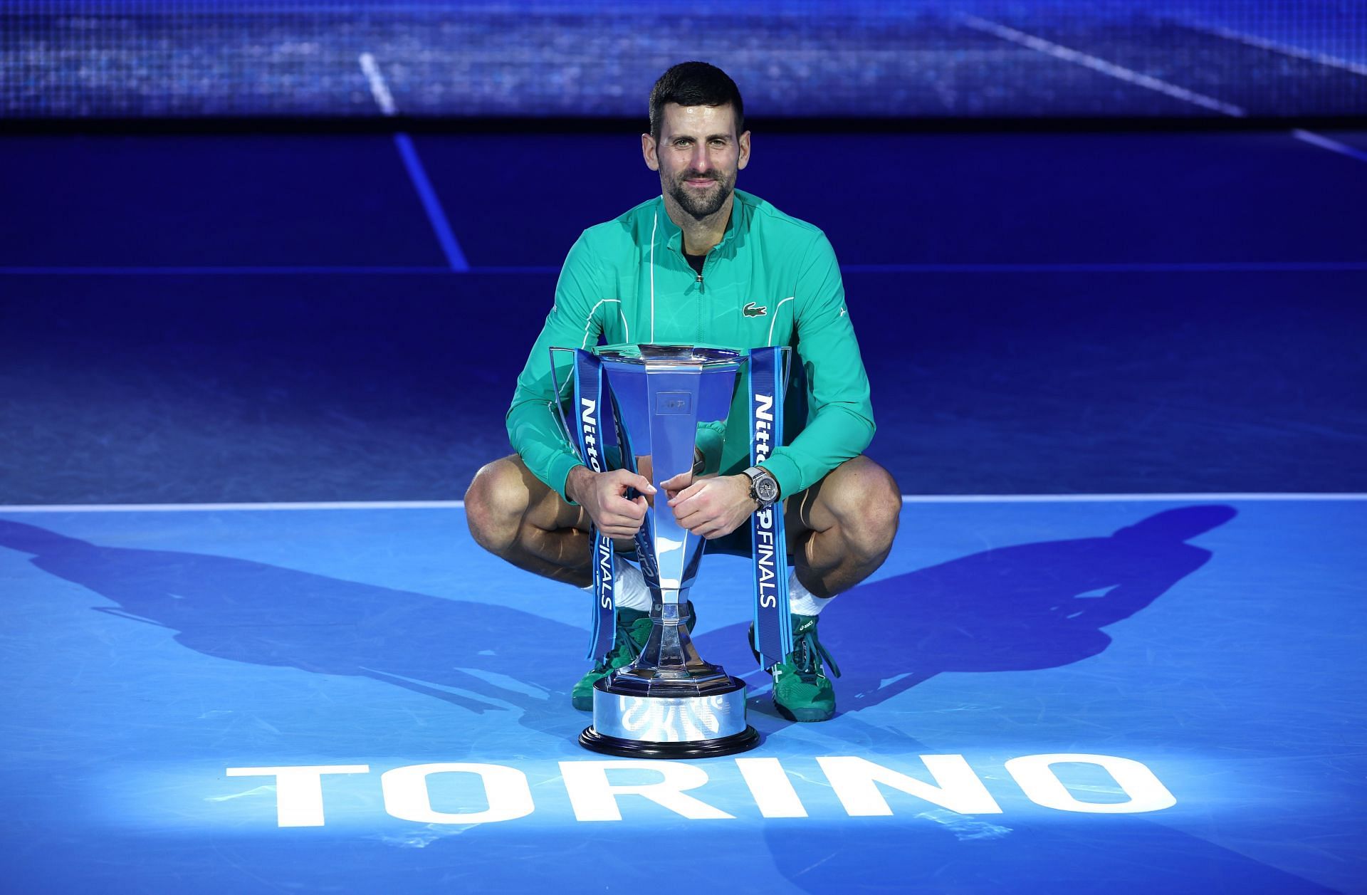 Novak Djokovic with the 2023 ATP Finals trophy.