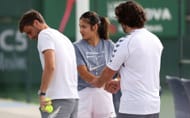 Emma Raducanu during a practice session at the BNP Paribas Open.