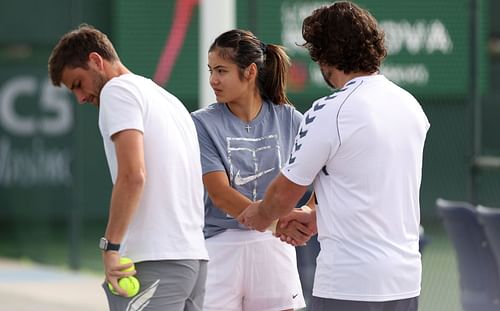 Emma Raducanu during a practice session at the BNP Paribas Open.