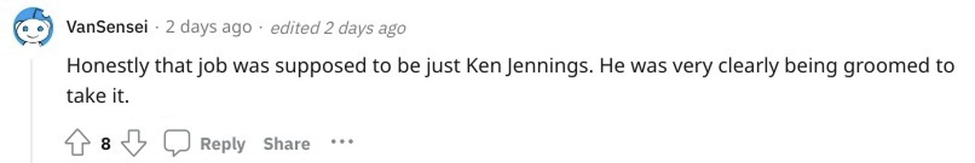 Fans reacting to Ken Jennings becoming the solo host of the game show (Image via Reddit)