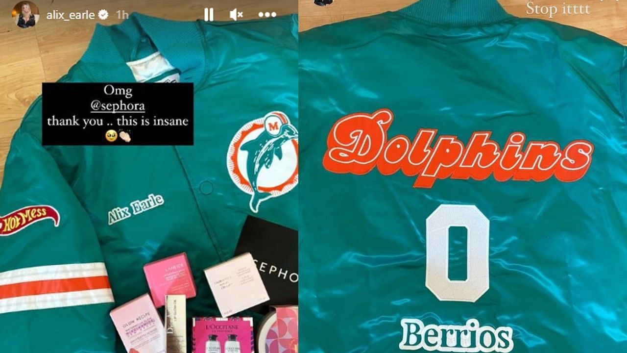 Earle received a custom Miami Dolphins jacket as part of a brand partnership.