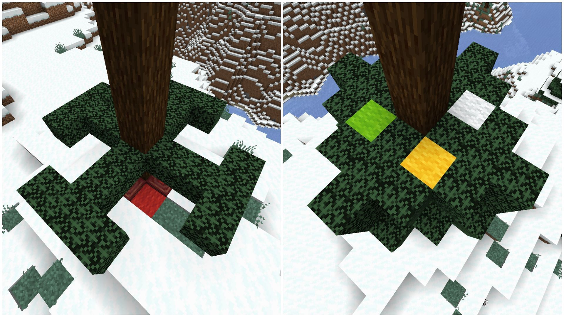 Les bûches et les feuilles d'épinette peuvent être placées dans différentes configurations pour créer des arbres de Noël uniques dans Minecraft (Image via Mojang)