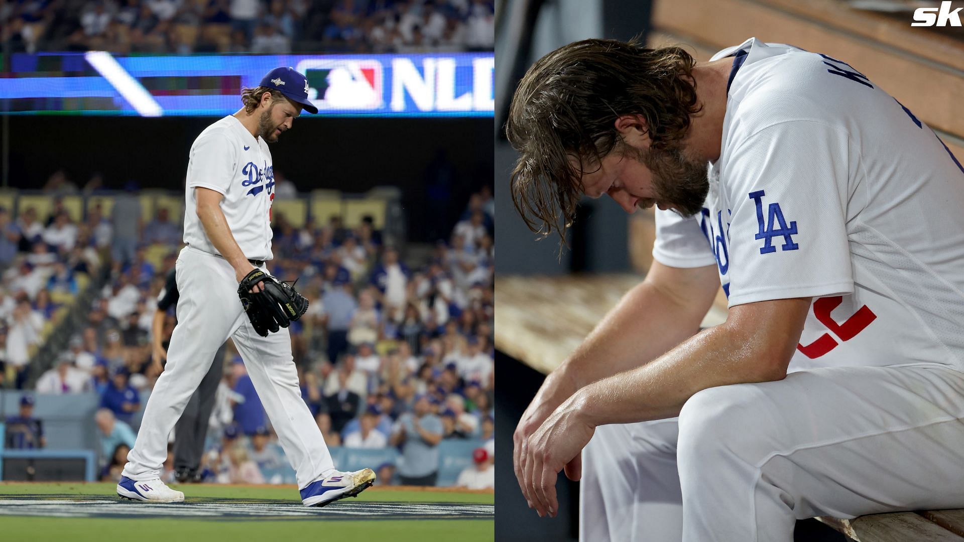 Clayton Kershaw of the Los Angeles Dodgers sits in the dugout after being relieved in the first inning against the Arizona Diamondbacks during Game One of the NLDS